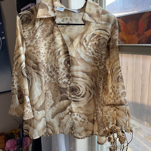 Vintage 80s Kathy Che floral brown button down top - Picture 3 of 16